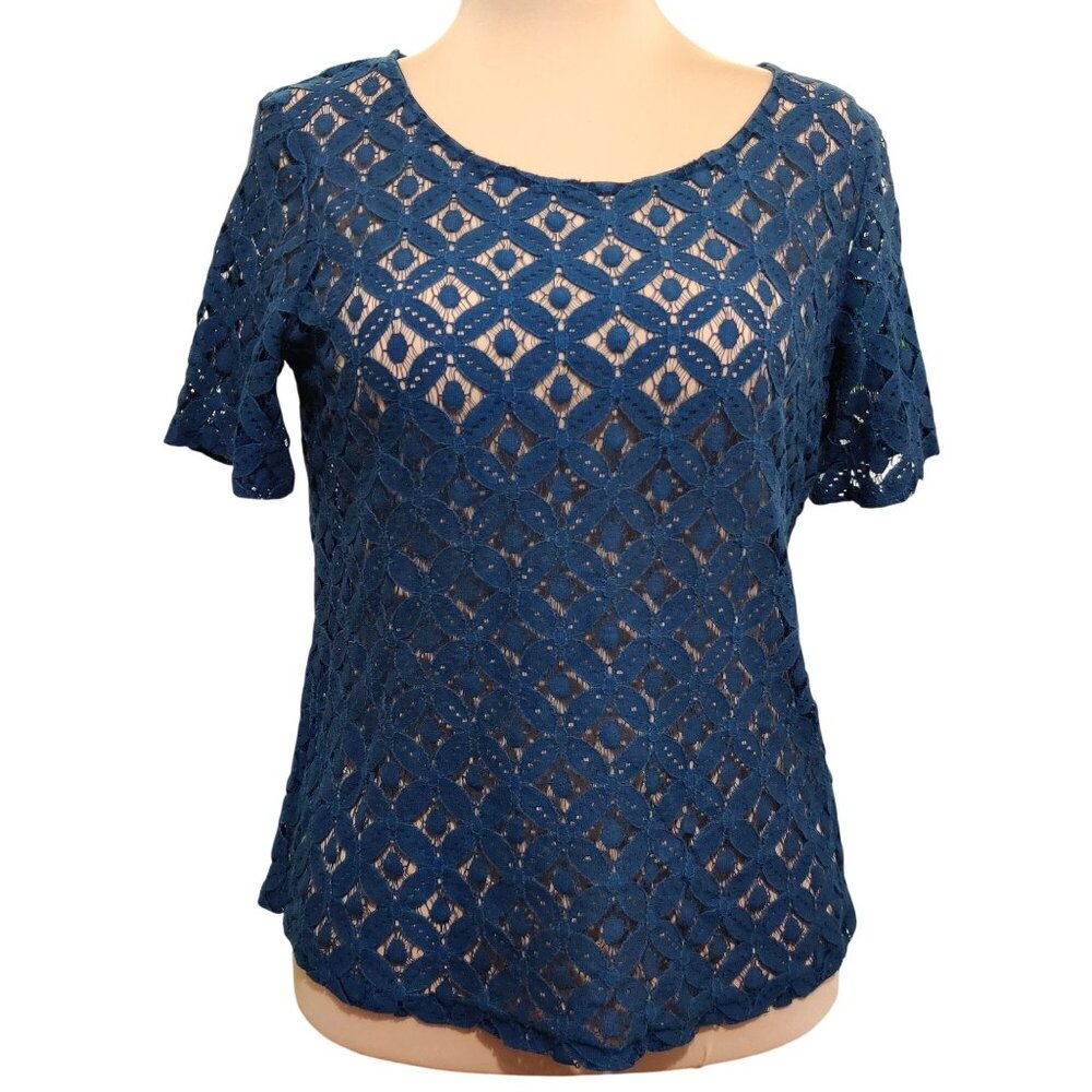 Per Seption Concept XL Navy Blue Lace Crochet Open Back Blouse Sheer Floral Chic